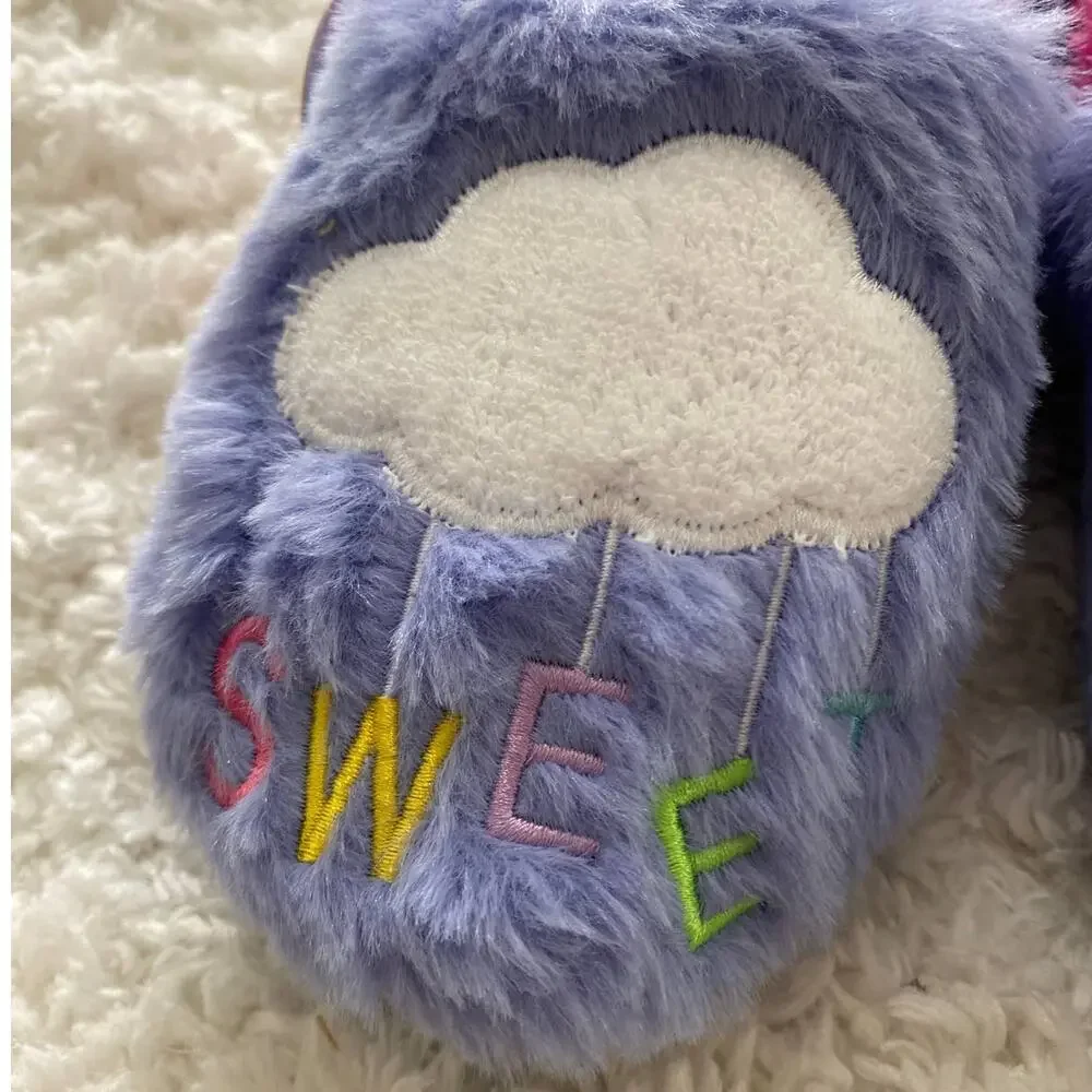 Wondernation Girls Purple Pink Fuzzy Warm Sweet Dream Slippers NEW Size 11-12
